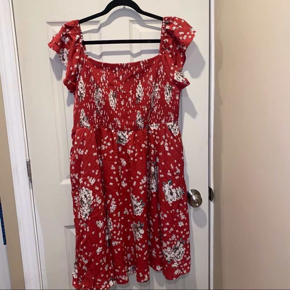 Red Floral Challis Smocked Mini Skater Dress